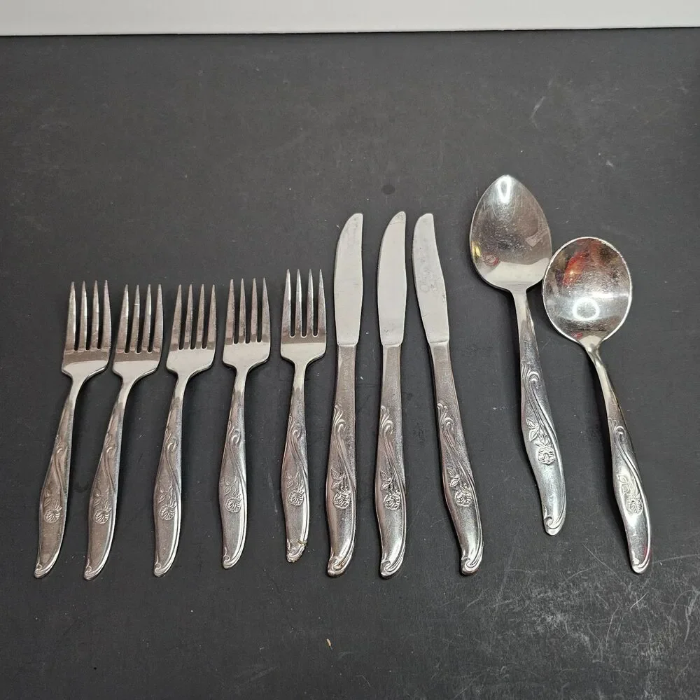 Utica UTI-1 Rose Scroll Cut Co Stainless Flatware Set of 10 Asst Forks Knives